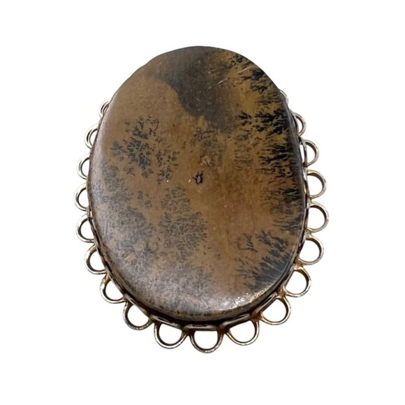 Vintage Dendritic Jasper Brooch Oval Stone Gold Tone Artisan Boho Cottagecore - Picture 2 of 8